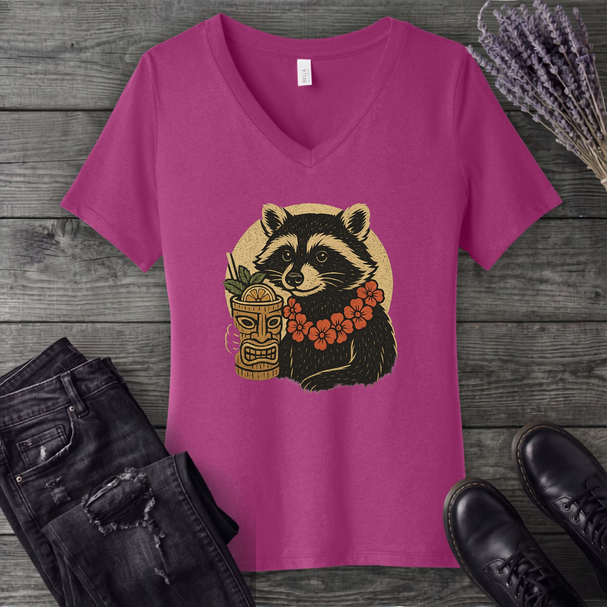 Raccoon Tiki V-Neck T-Shirt