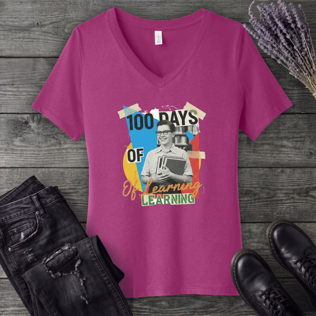 Old School 100 Days Of Learning V-Neck T-Shirt