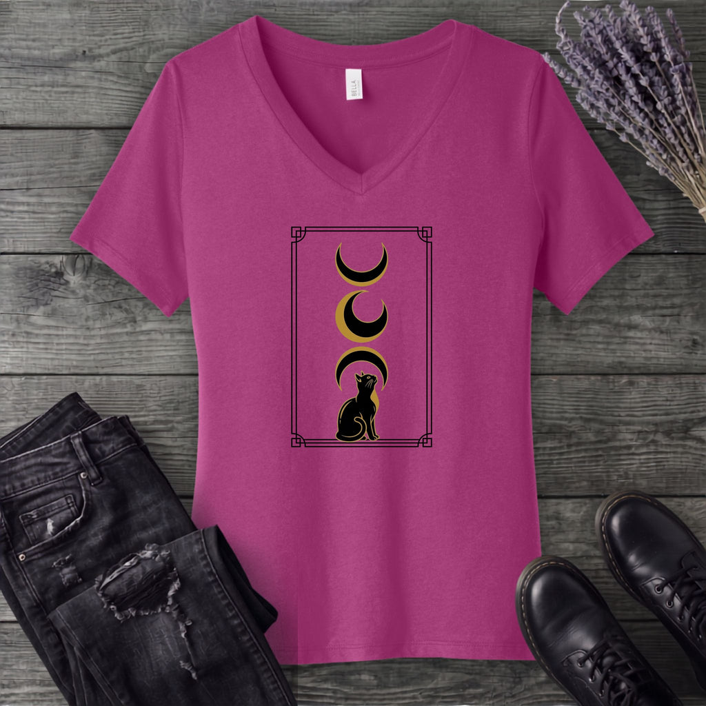 art deco black cat moon phases V-Neck T-Shirt