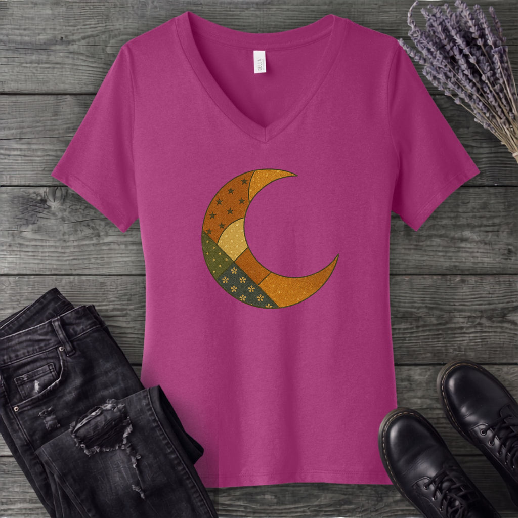 Patchwork Crescent Moon V-Neck T-Shirt