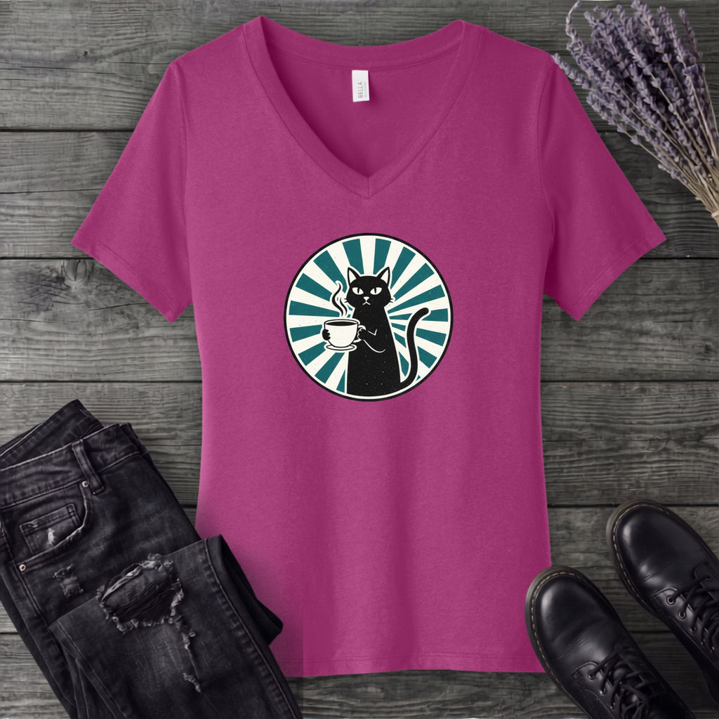 Black Cat Coffee V-Neck T-Shirt