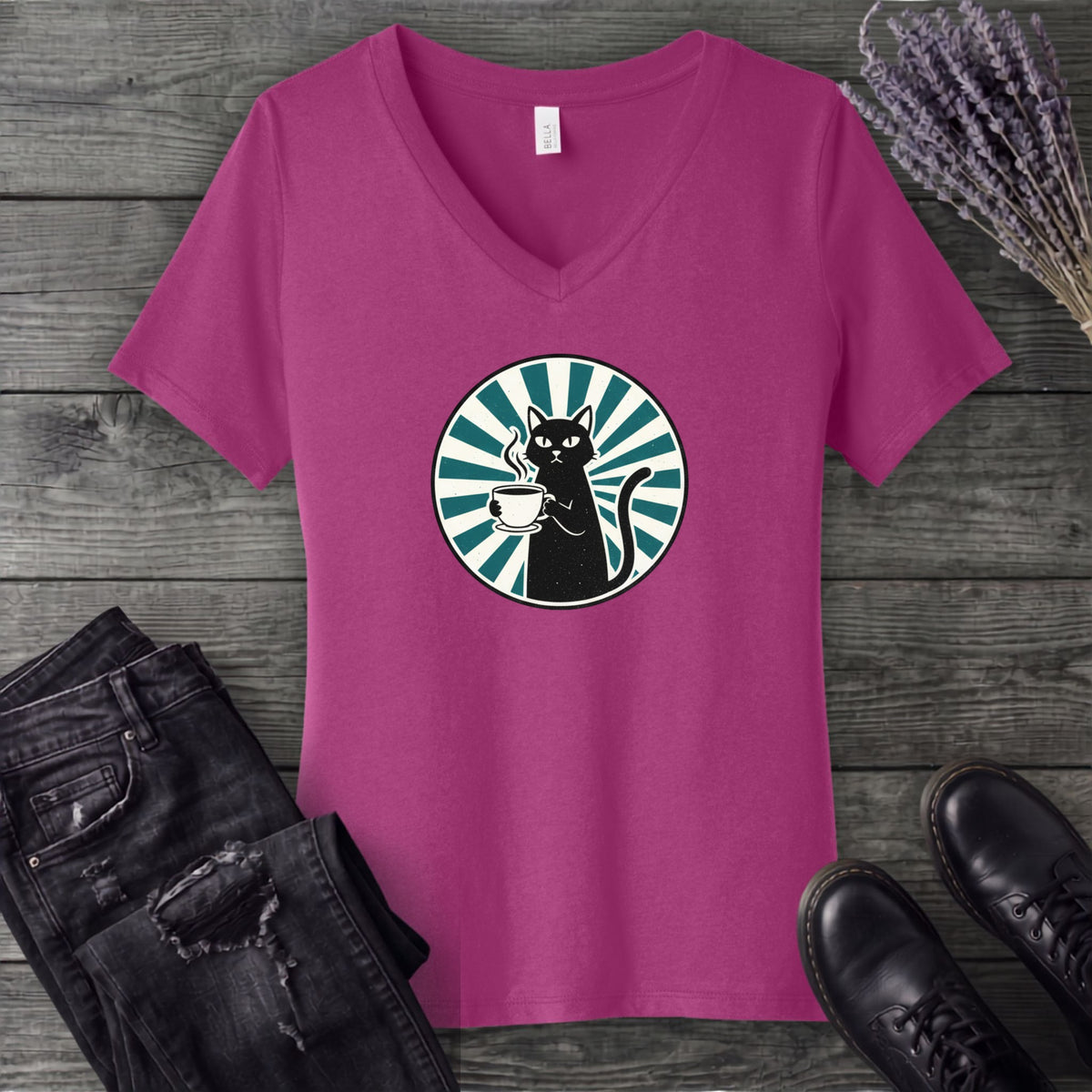 Black Cat Coffee V-Neck T-Shirt