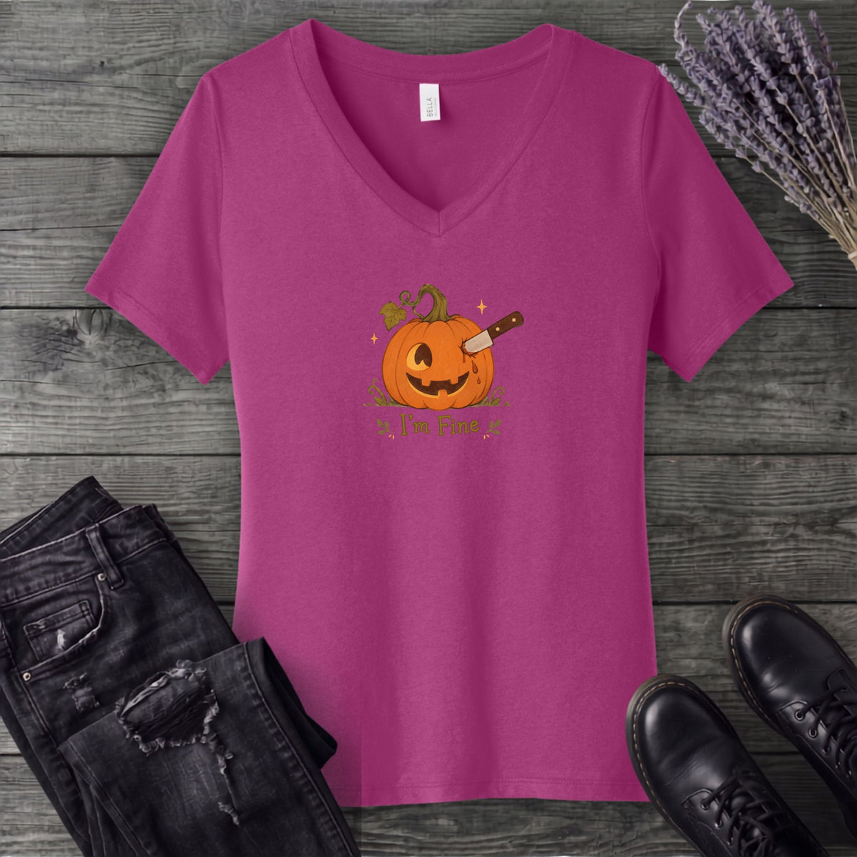 Jack-O-Lantern I'm Fine V-Neck T-Shirt