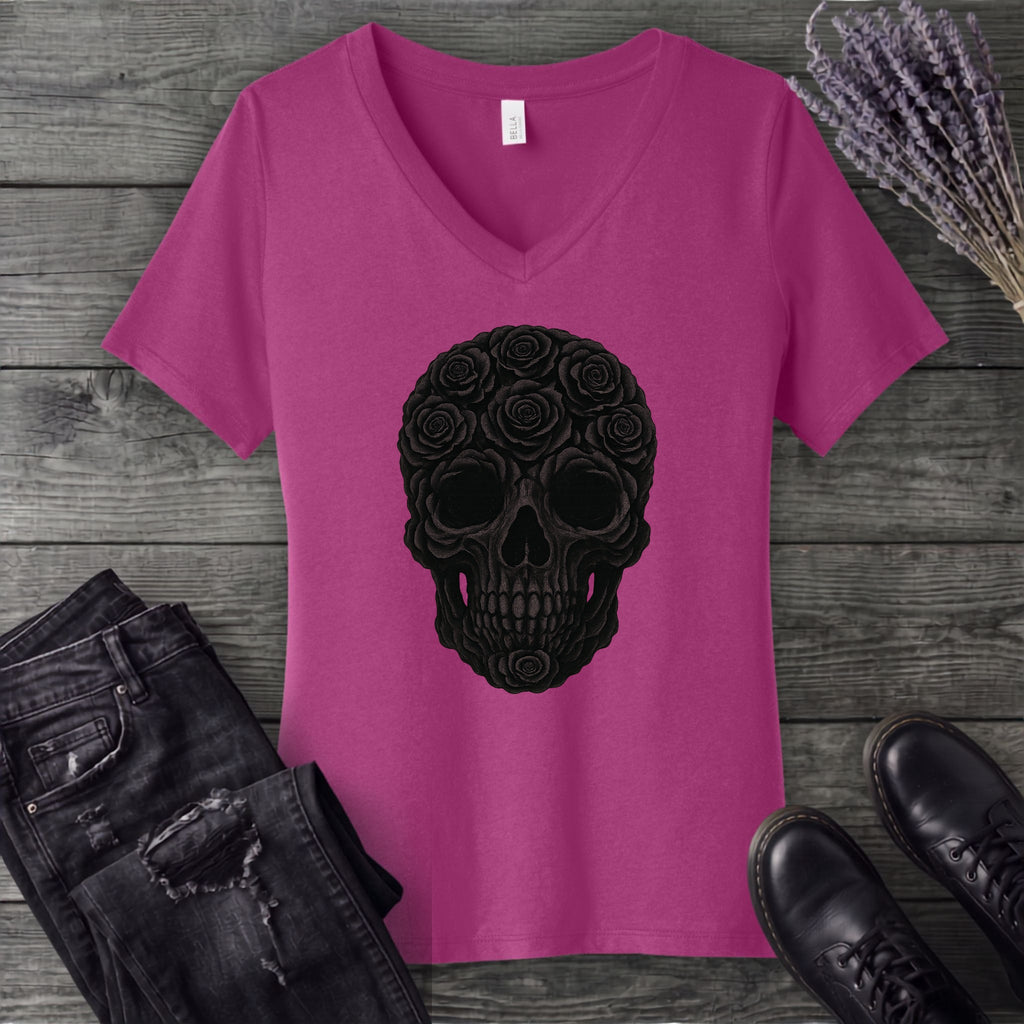 Black Rose Skull V-Neck T-Shirt