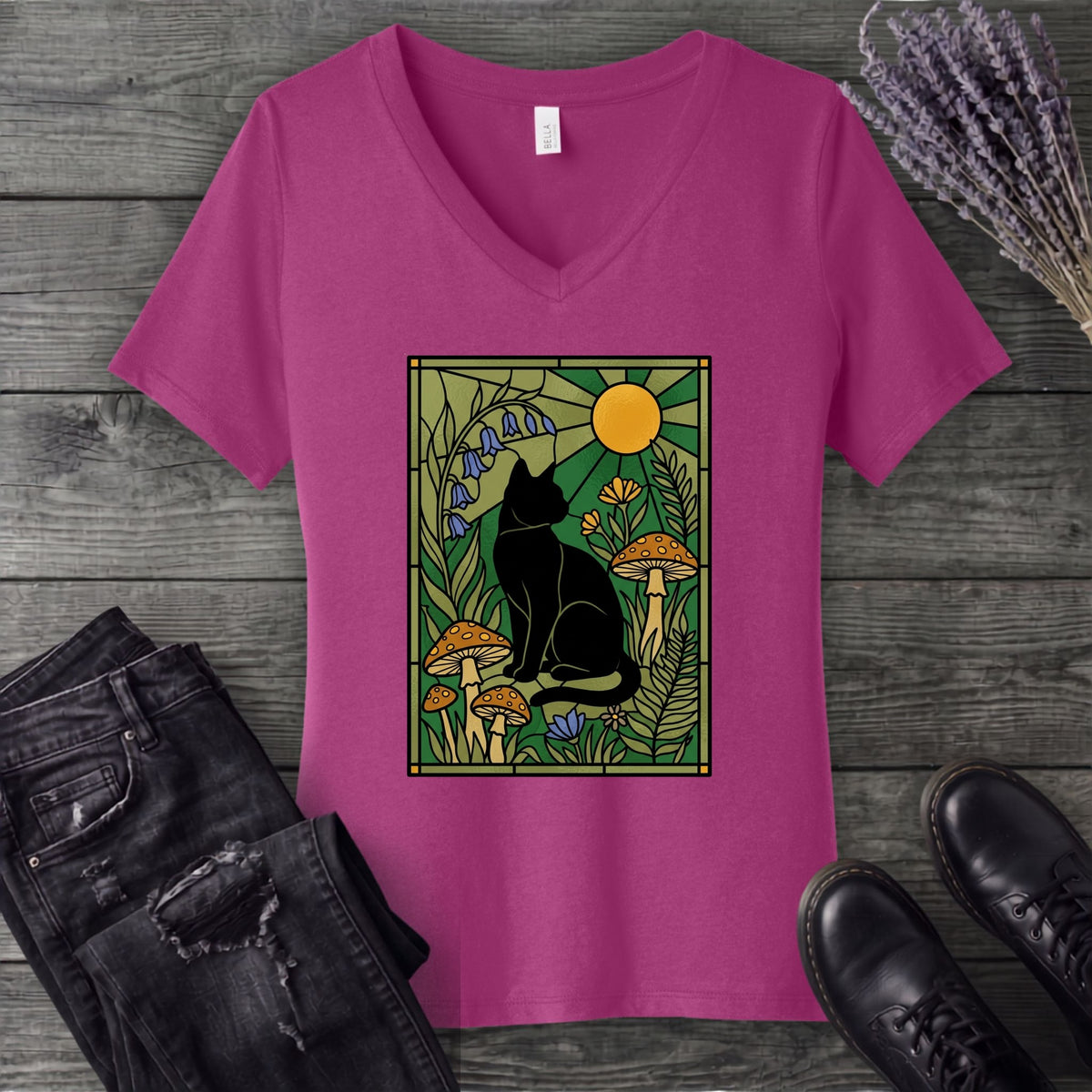 stained glass garden cat V-Neck T-Shirt