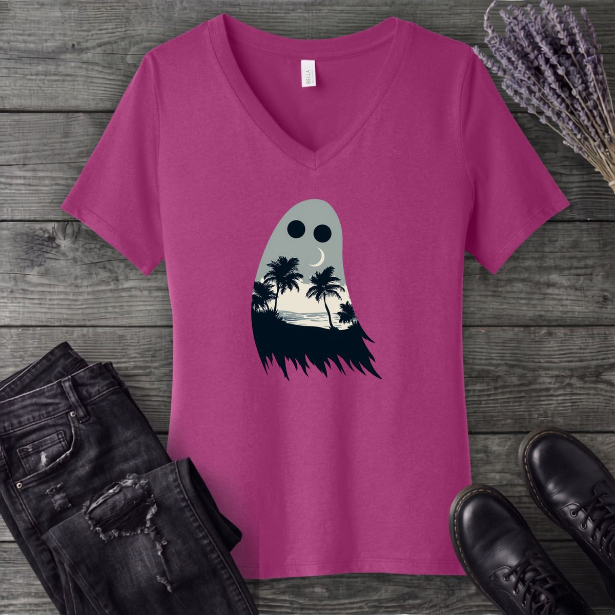 tropical ghost silhouette V-Neck T-Shirt