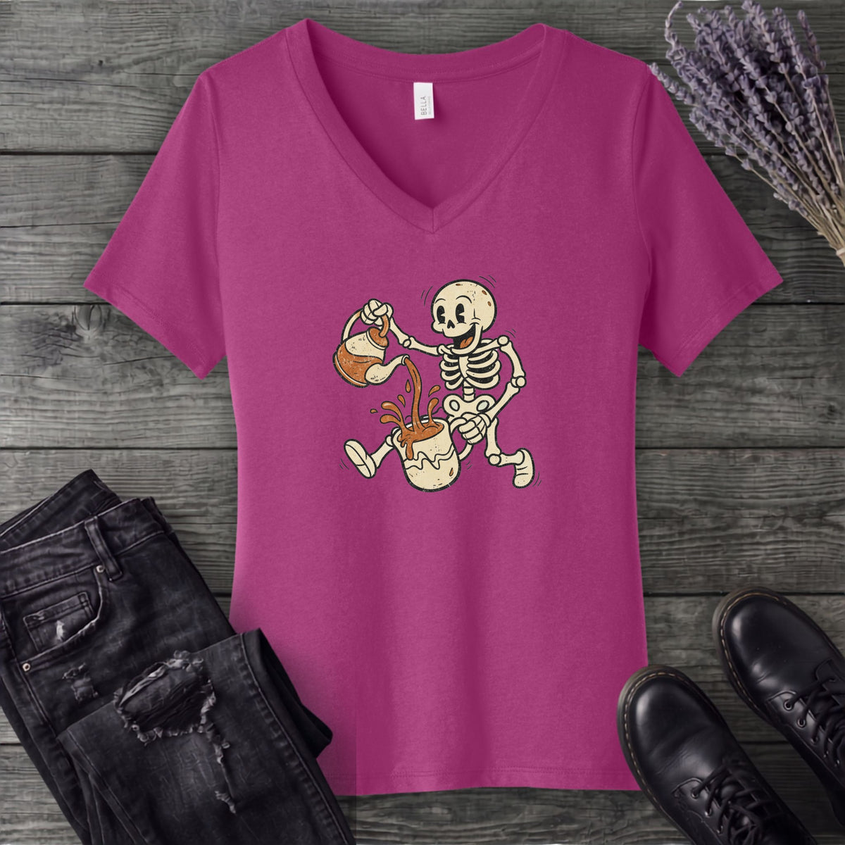 Coffee Skeleton Cartoon V-Neck T-Shirt