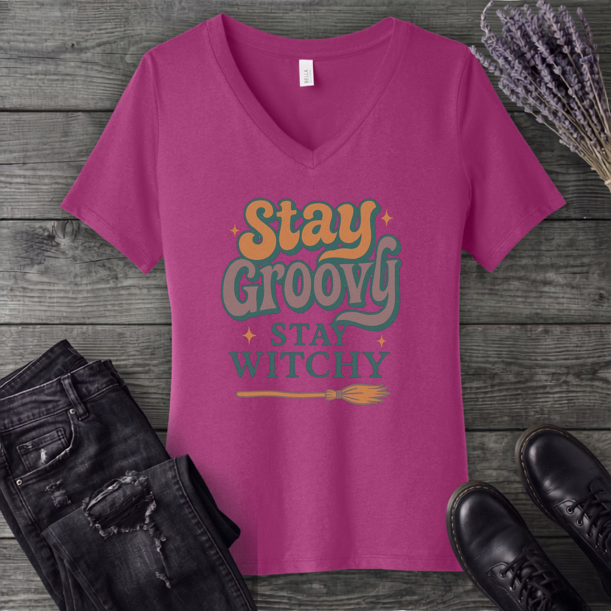 Stay Groovy Stay Witchy V-Neck T-Shirt