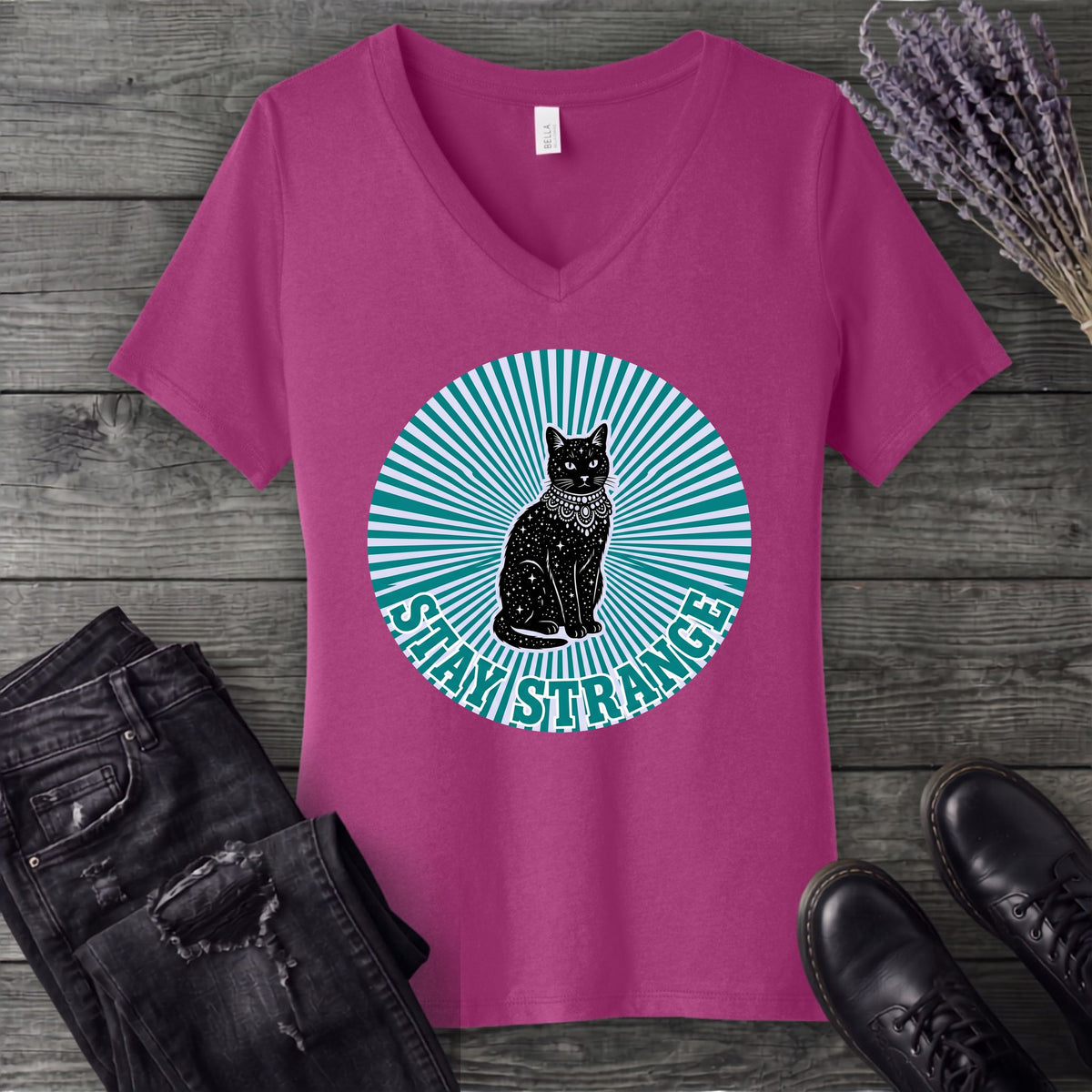 stay strange celestial cat V-Neck T-Shirt