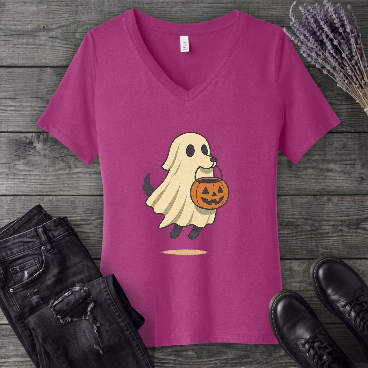 Ghost Dog Trick-Or-Treating V-Neck T-Shirt