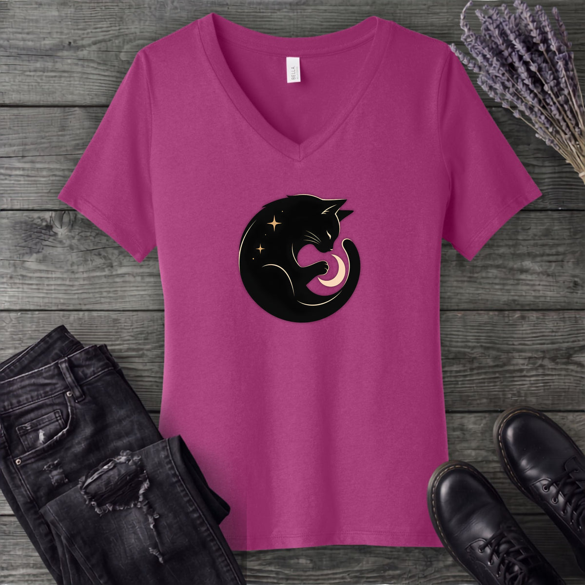 Cat and Moon V-Neck T-Shirt