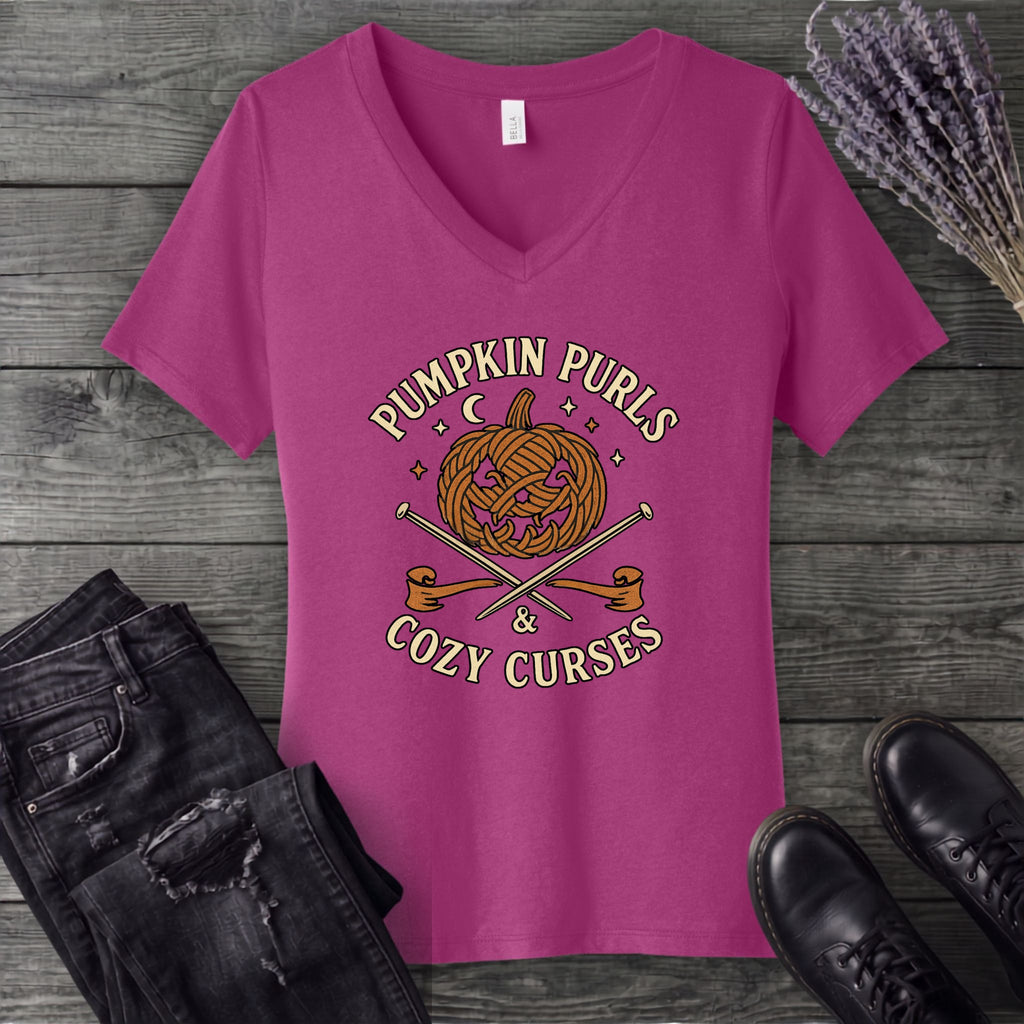 Pumpkin Purls And Cozy Curses V-Neck T-Shirt
