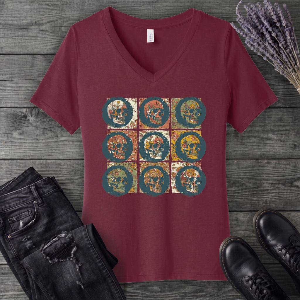 grunge skull floral grid V-Neck T-Shirt