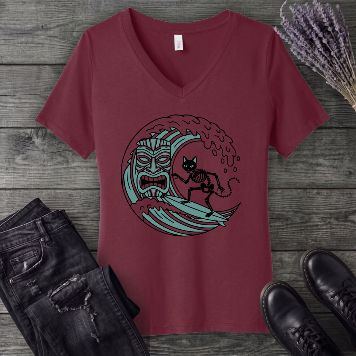Surfing Cat Skeleton V-Neck T-Shirt