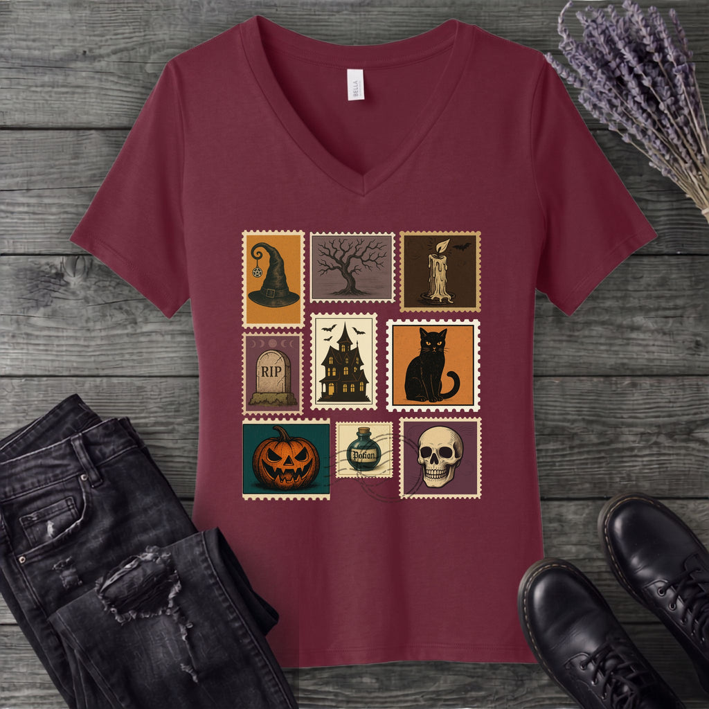 Halloween Stamps Collage V-Neck T-Shirt