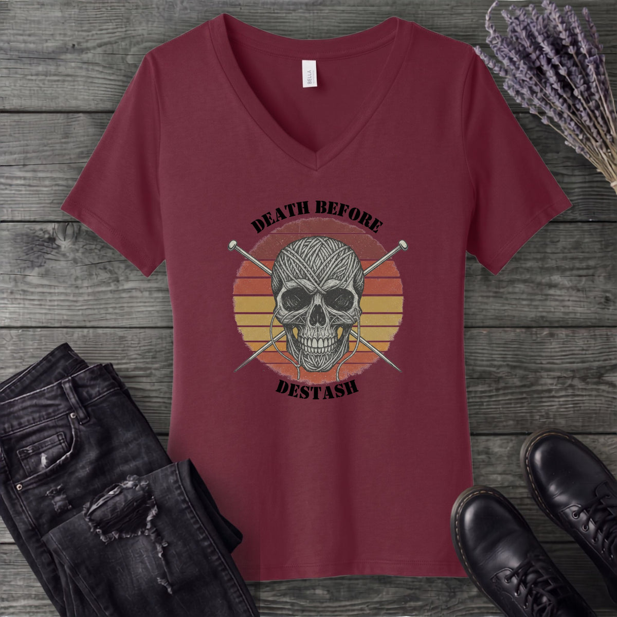 Death Before Destash Yarn Skull V-Neck T-Shirt