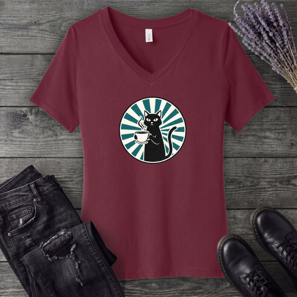Black Cat Coffee V-Neck T-Shirt