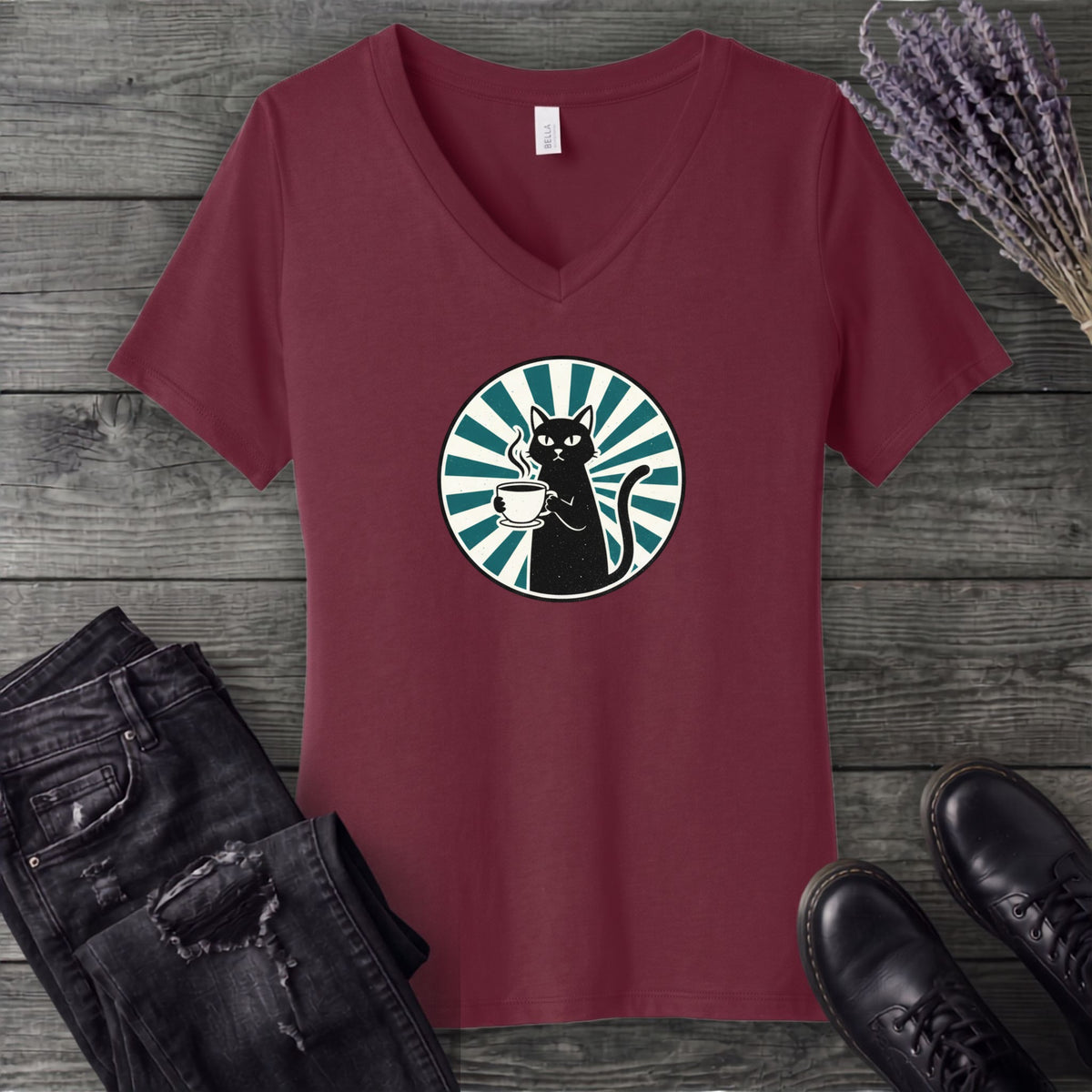 Black Cat Coffee V-Neck T-Shirt