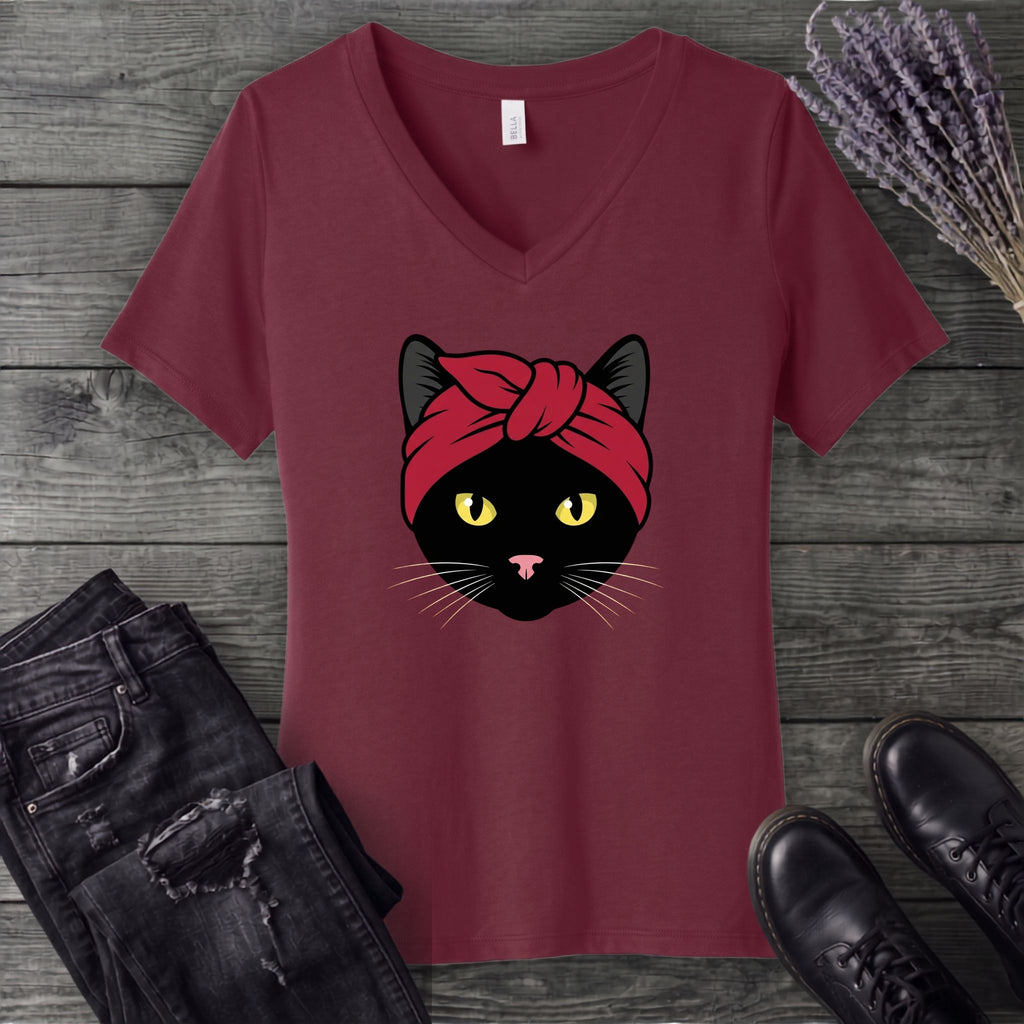 Black Cat Headband V-Neck T-Shirt