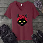 Black Cat Headband V-Neck T-Shirt