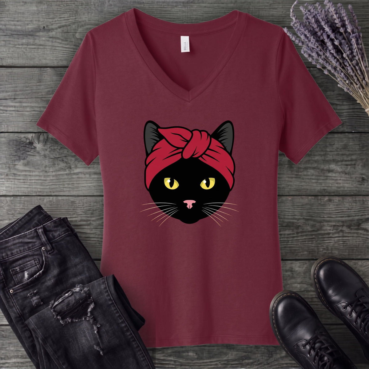 Black Cat Headband V-Neck T-Shirt