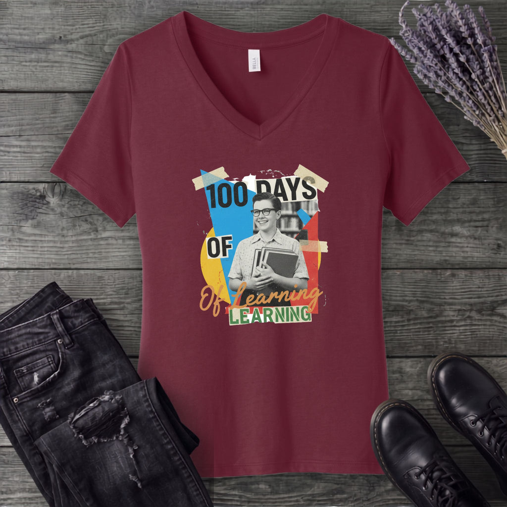 Old School 100 Days Of Learning V-Neck T-Shirt