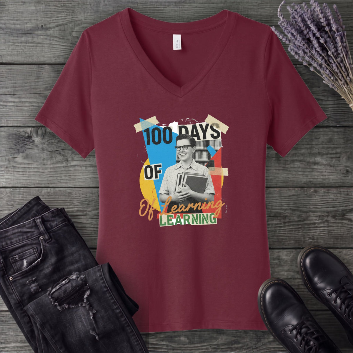 Old School 100 Days Of Learning V-Neck T-Shirt
