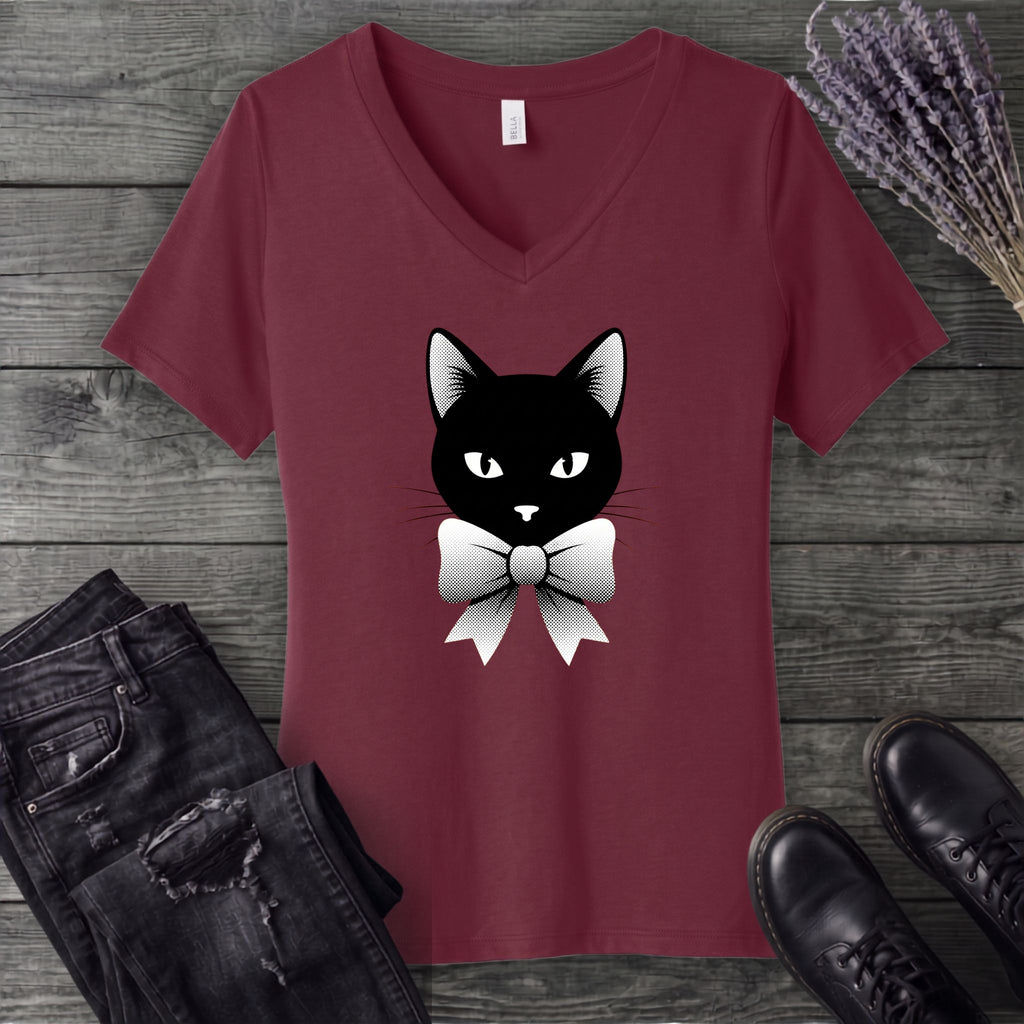 Retro Halftone Coquette Black Cat V-Neck T-Shirt