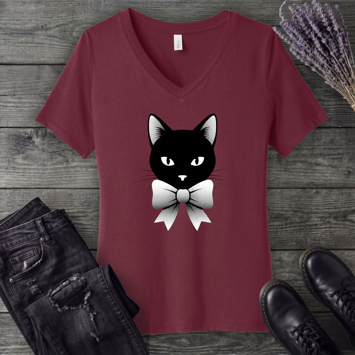 Retro Halftone Coquette Black Cat V-Neck T-Shirt