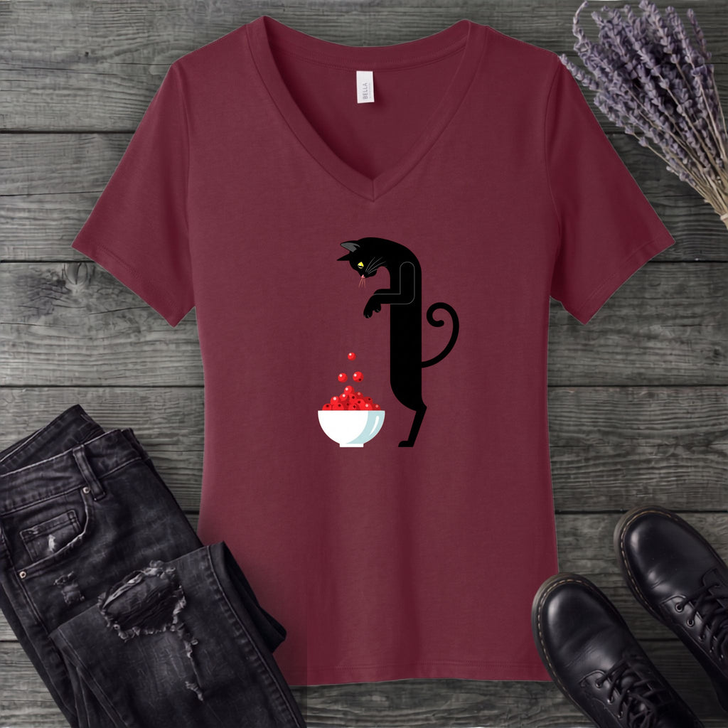 Black Cat And Cranberries V-Neck T-Shirt