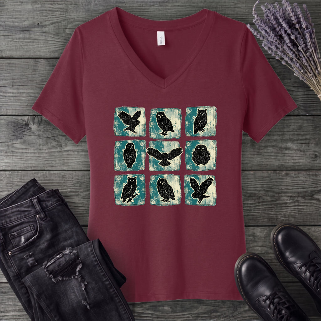 Grunge Owl Grid V-Neck T-Shirt