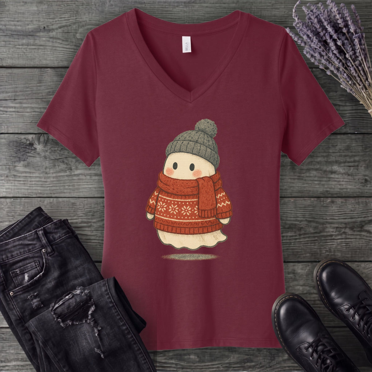 Christmas Sweater Ghost V-Neck T-Shirt