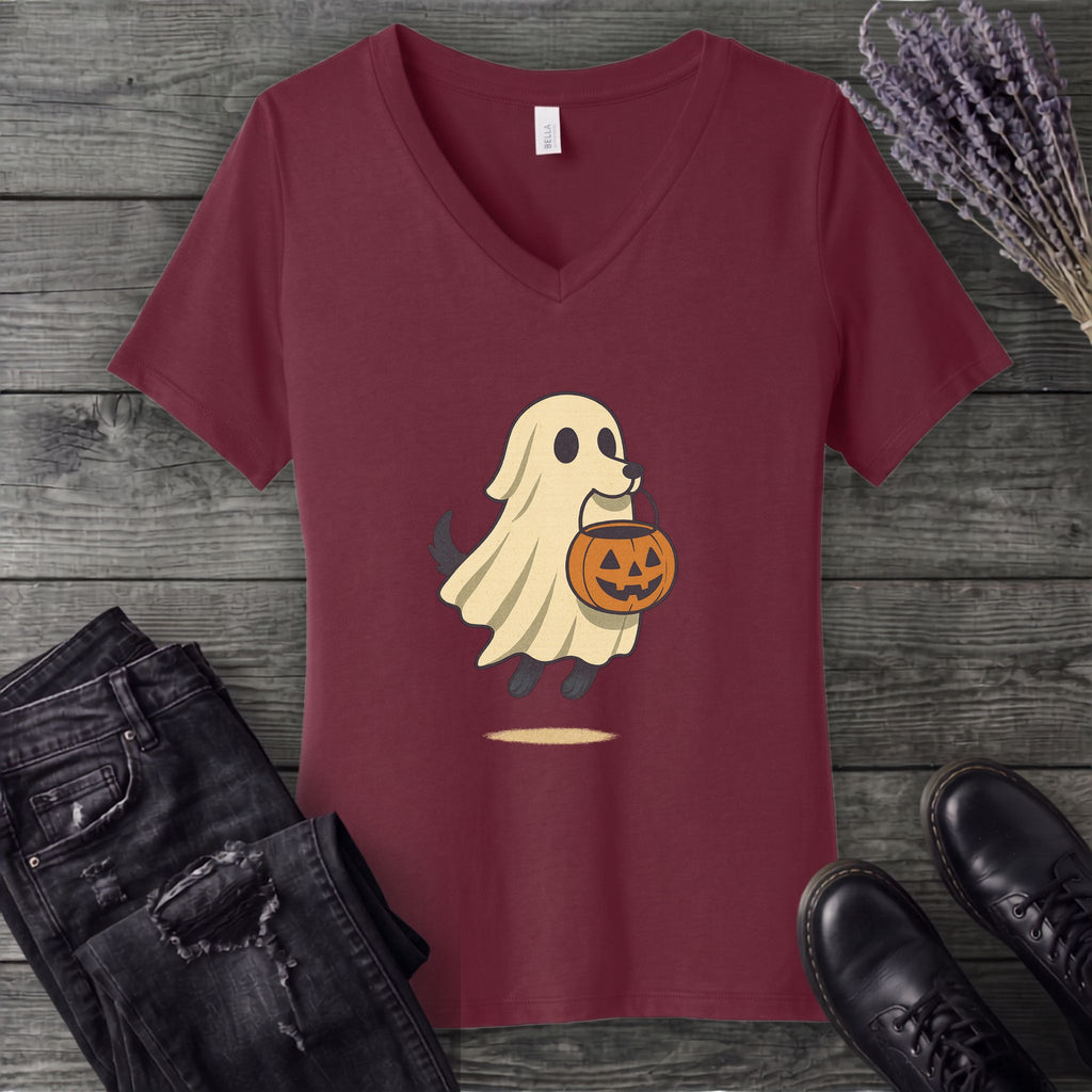 Ghost Dog Trick-Or-Treating V-Neck T-Shirt