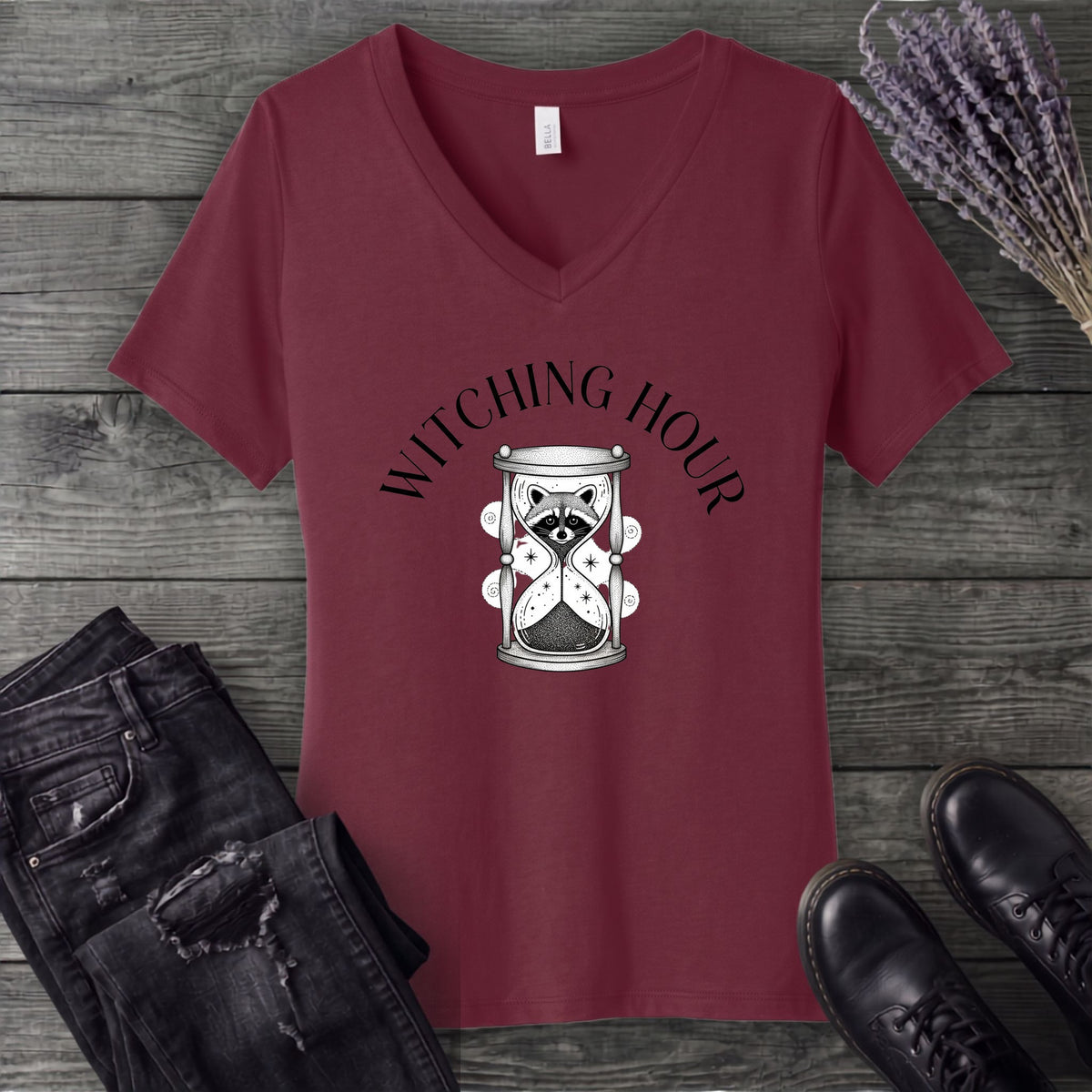 Witching Hour Raccoon Hourglass V-Neck T-Shirt