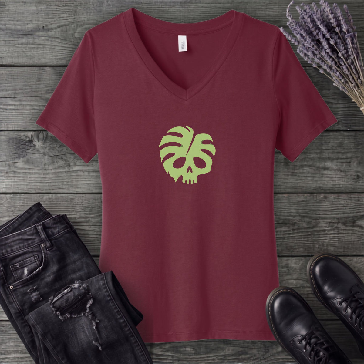 Monstera Skull V-Neck T-Shirt