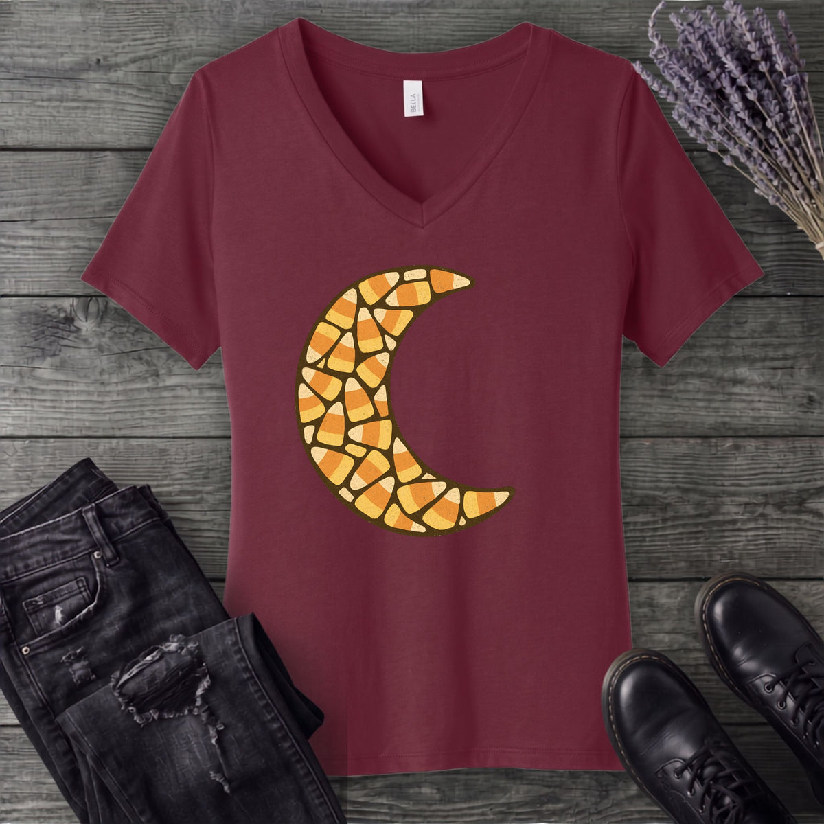 Candy Corn Crescent Moon V-Neck T-Shirt
