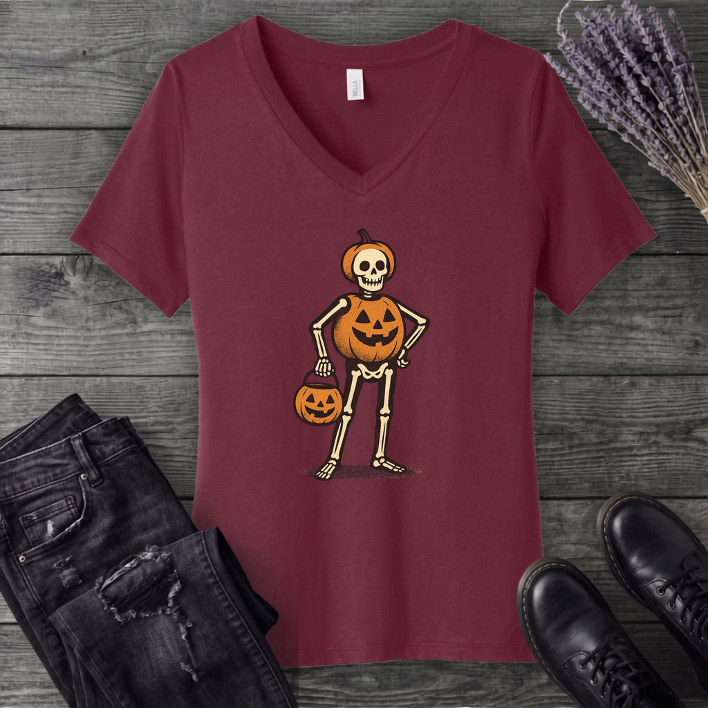 Skeleton Jack O Lantern Costume V-Neck T-Shirt