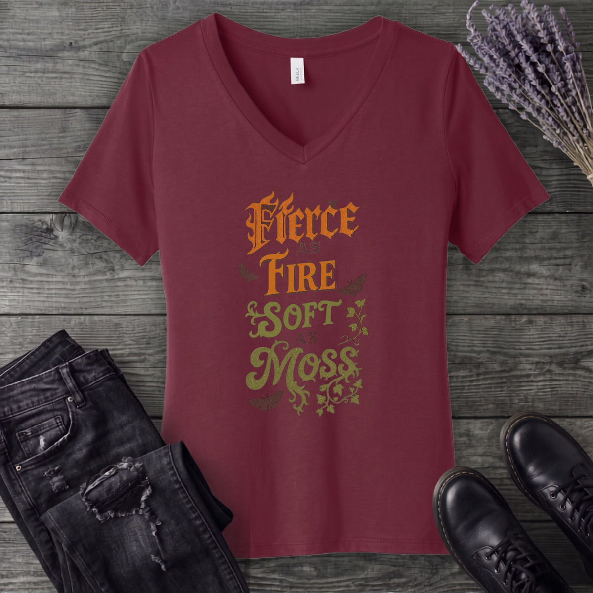 Fierce As Fire Soft As Moss V-Neck T-Shirt