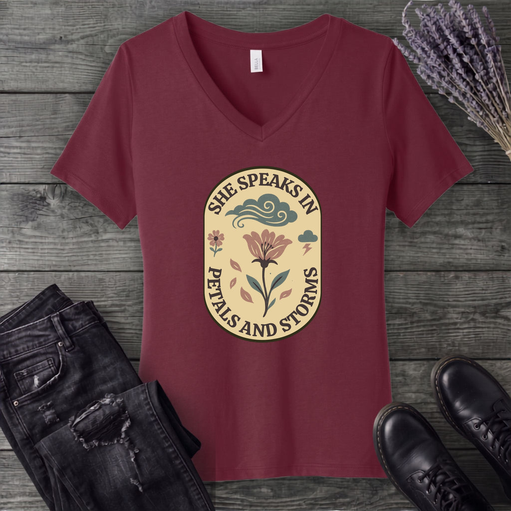 She Speaks In Petals And Storms V-Neck T-Shirt