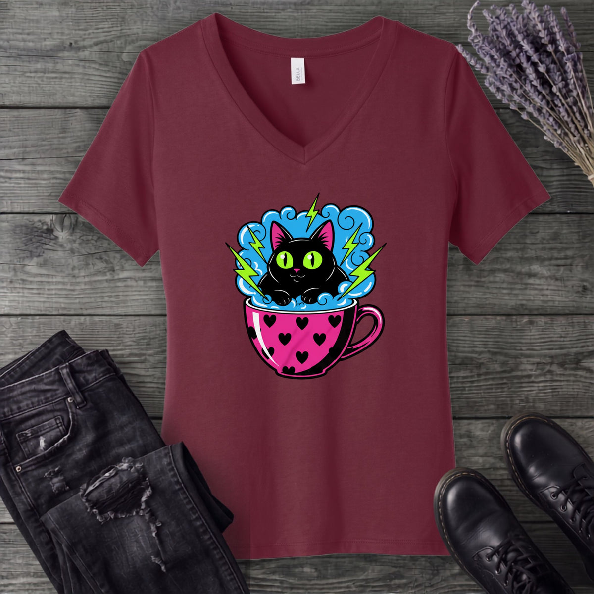 Cat Heart Mug Y2k 90s V-Neck T-Shirt