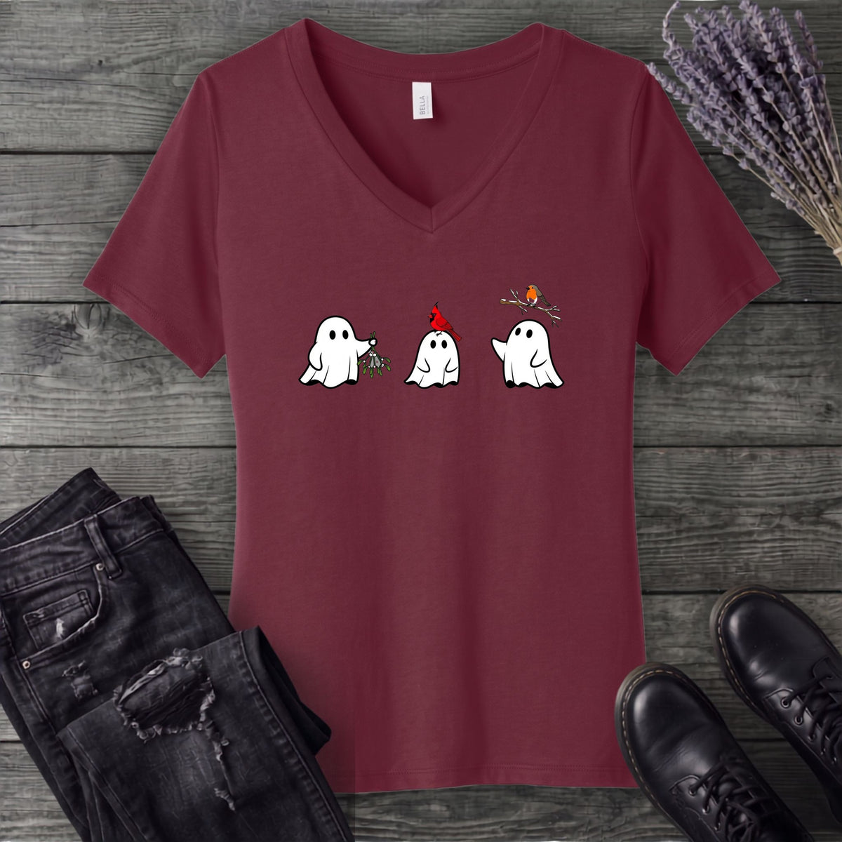Ghosts With Birds V-Neck T-Shirt
