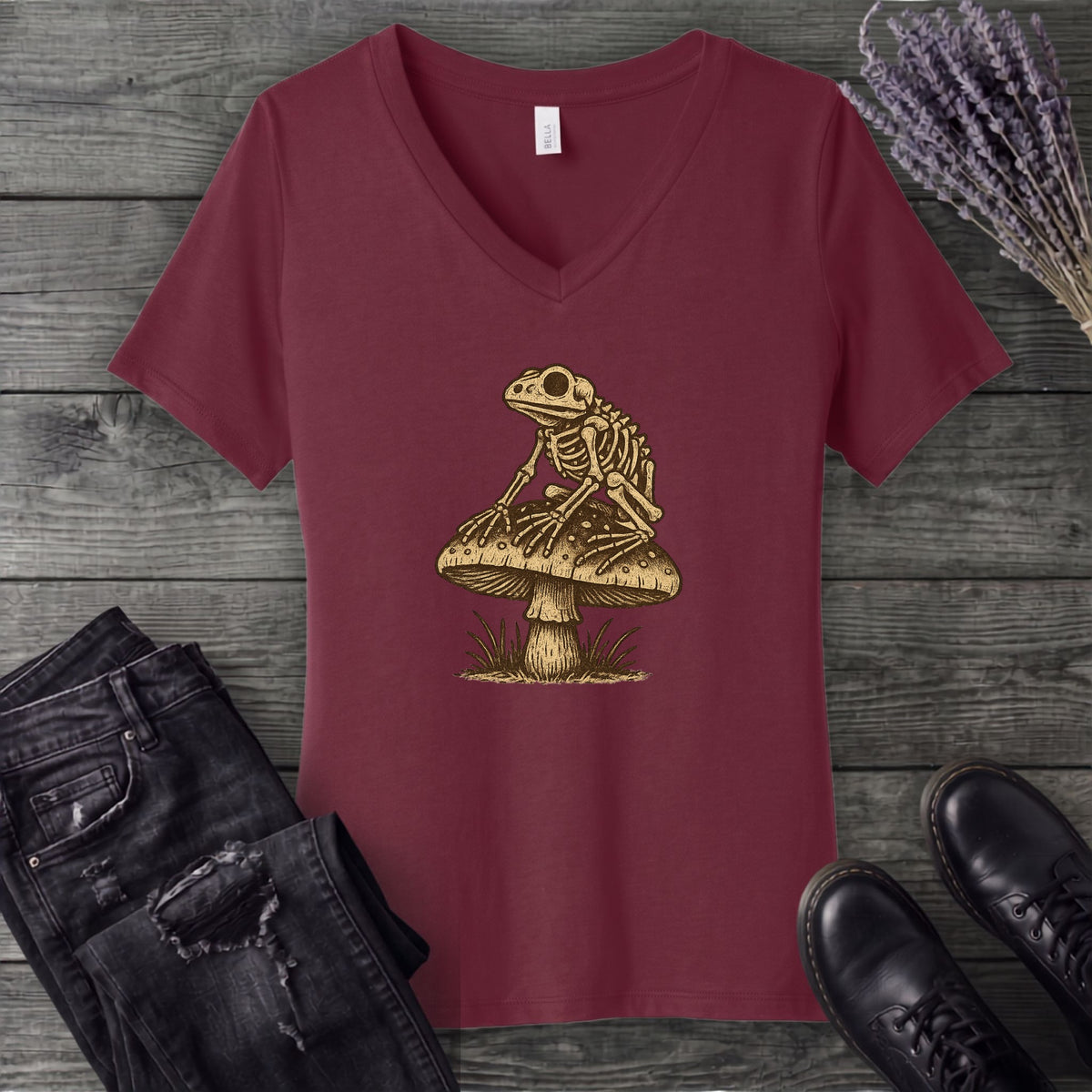 Frog Skeleton Mushroom V-Neck T-Shirt