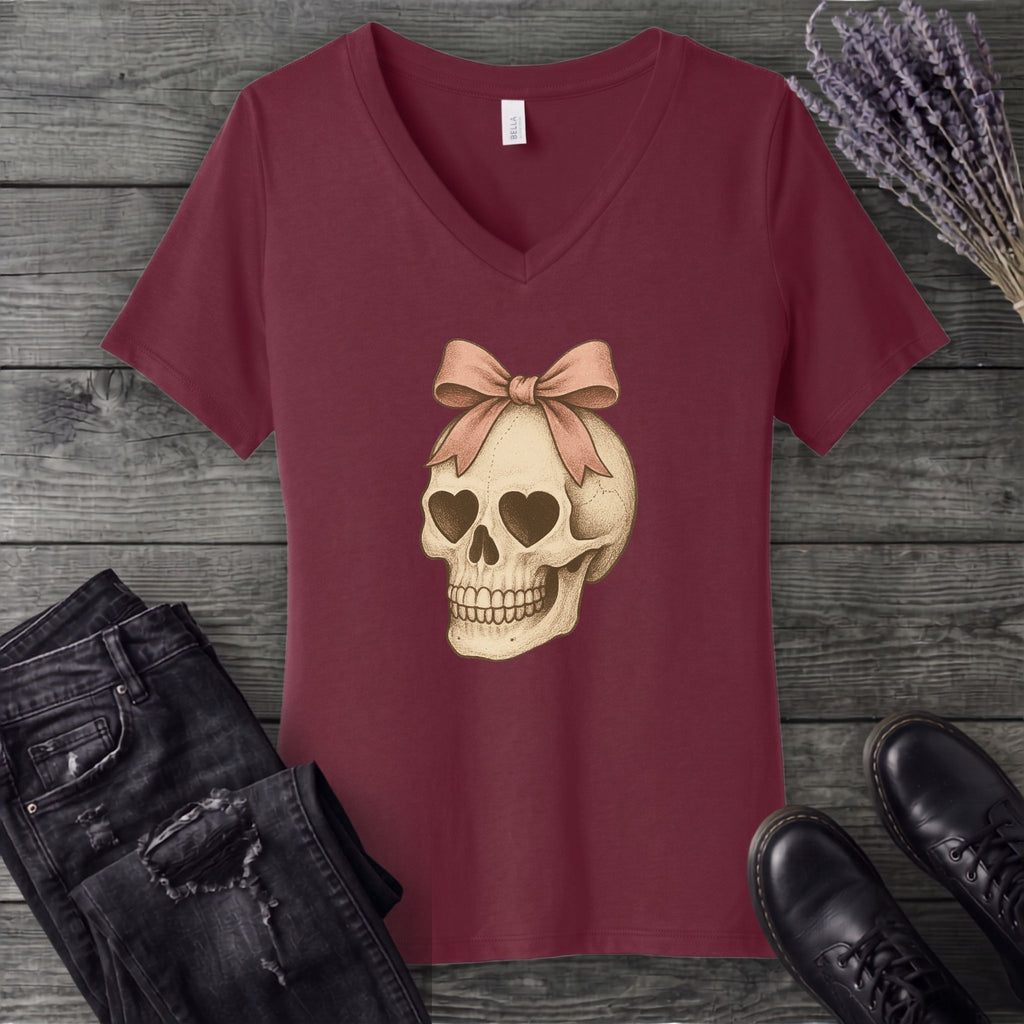 Coquette Skull V-Neck T-Shirt
