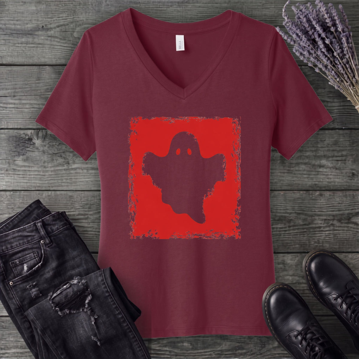 Grunge Stencil Ghost V-Neck T-Shirt
