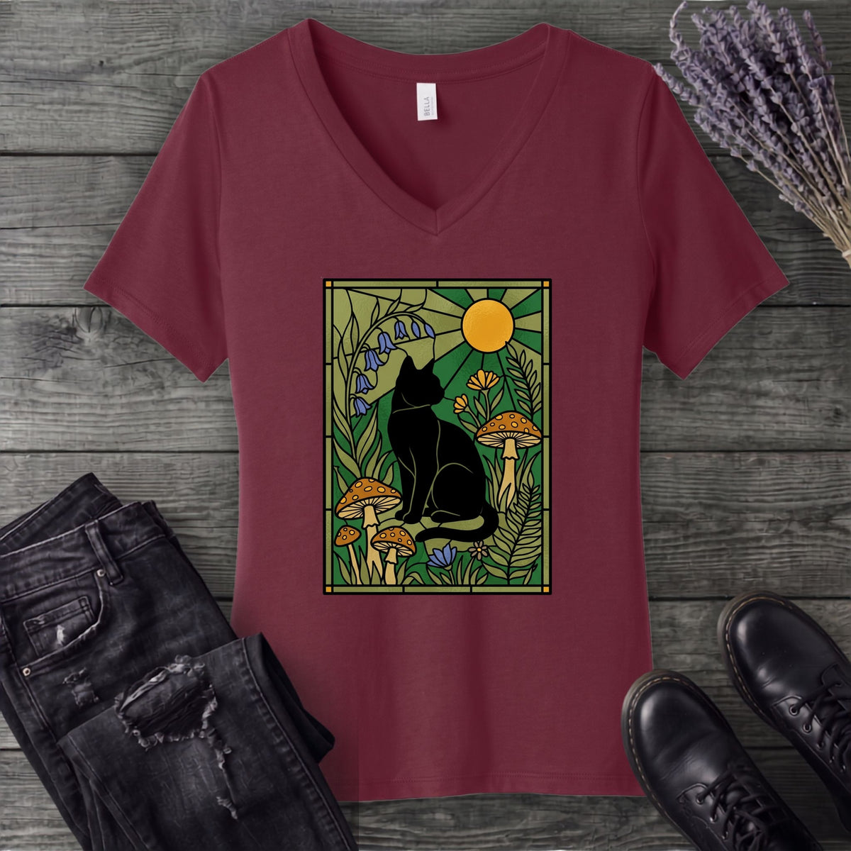 stained glass garden cat V-Neck T-Shirt