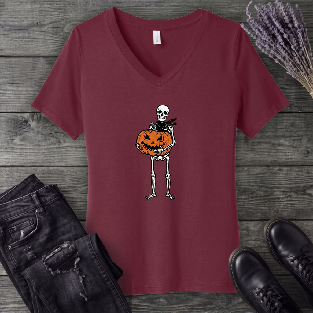 Skeleton Jack O Lantern V-Neck T-Shirt