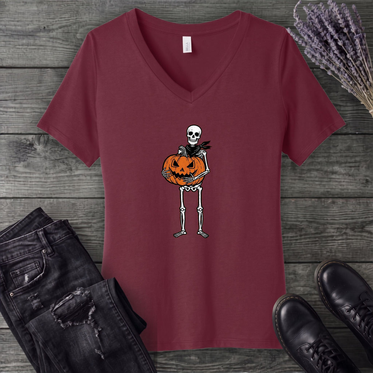 Skeleton Jack O Lantern V-Neck T-Shirt