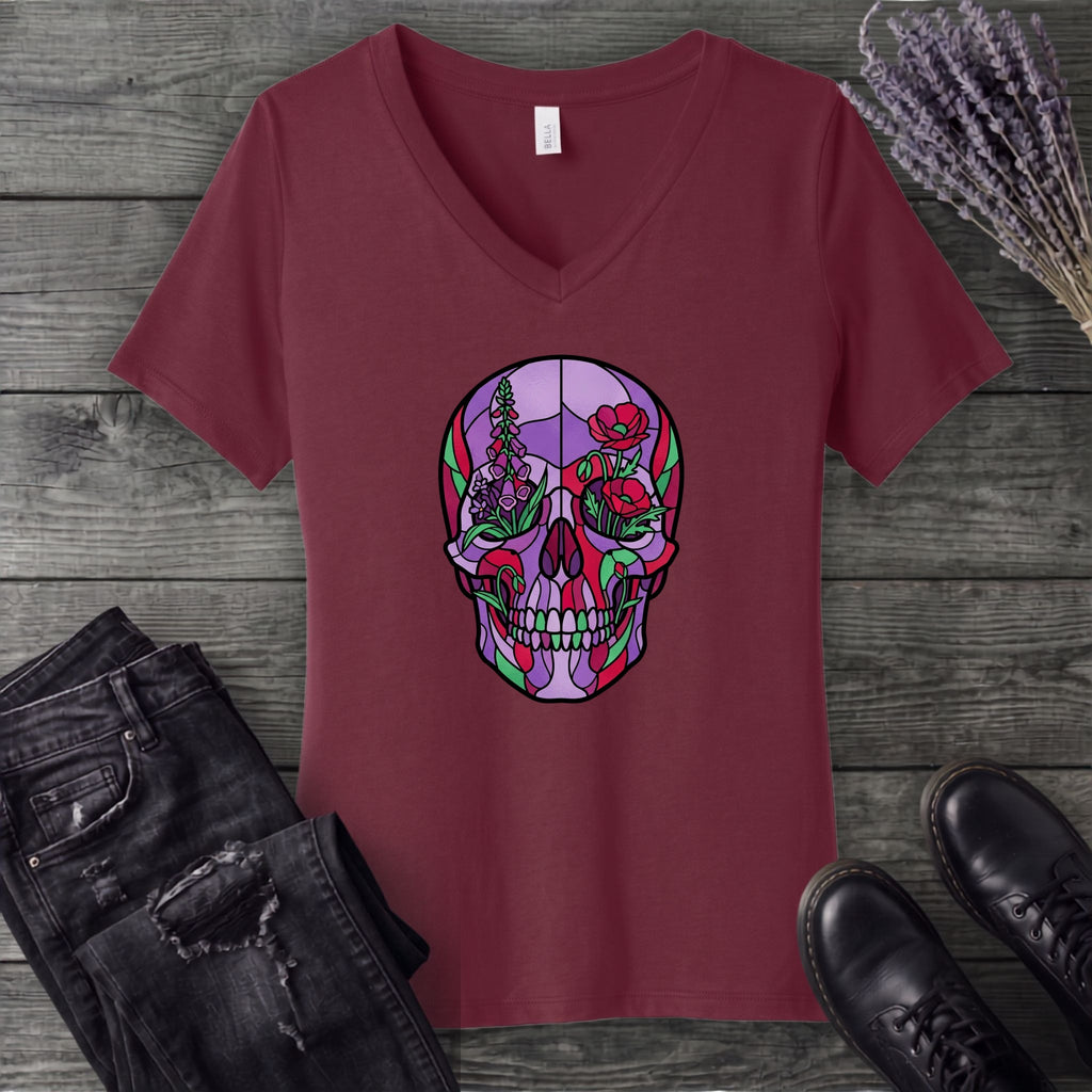 botanical stained glass skull V-Neck T-Shirt