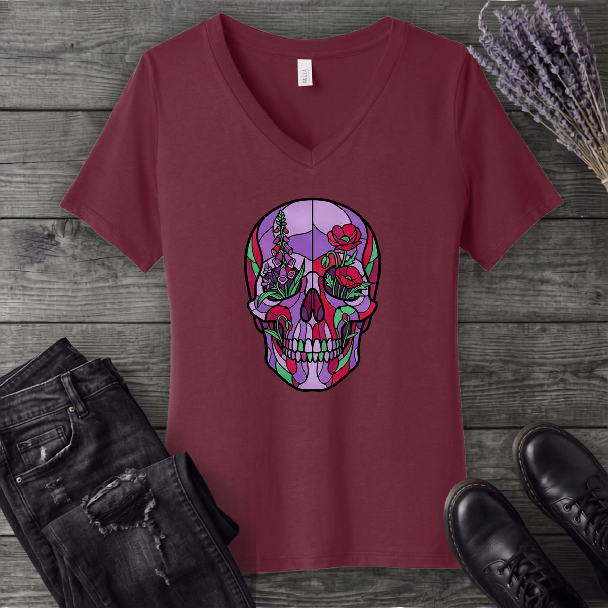 botanical stained glass skull V-Neck T-Shirt
