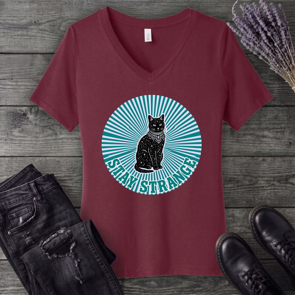stay strange celestial cat V-Neck T-Shirt